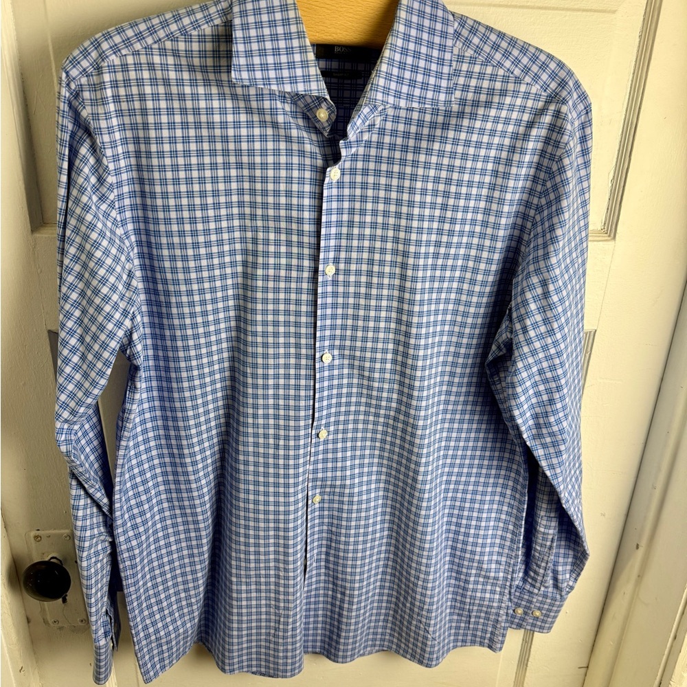 Hugo Boss Blue and White Checkered Men's Shirt